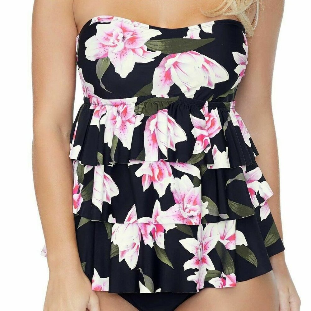 NWT Island Escape Swimwear Black Bandini Floral Ruffle Top - Size 8